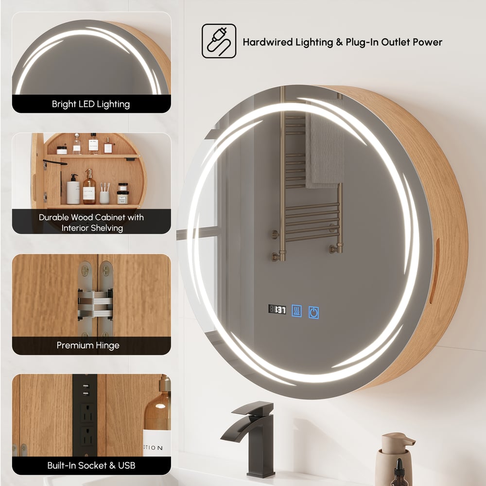 24" Round LED Natural Medicine Cabinet with Storage, Anti-Fog, Dimmable window image