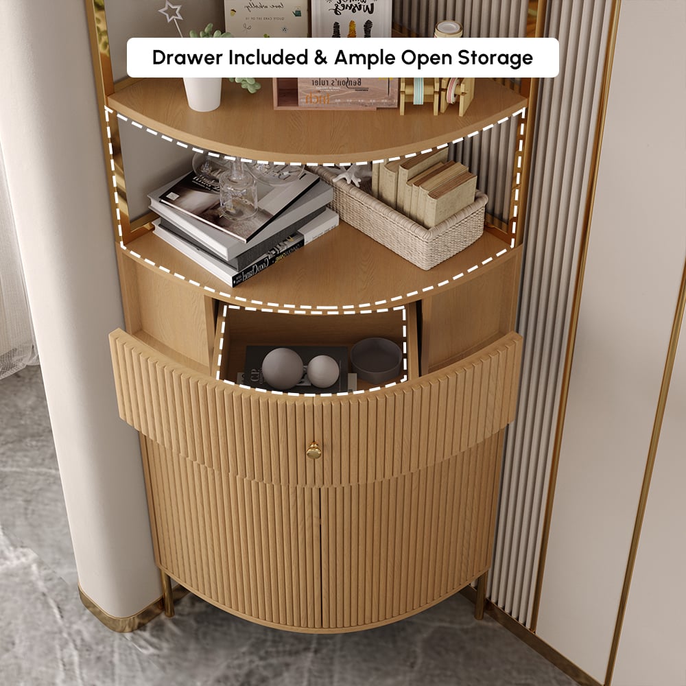 Modern 75" Natural Etagere Corner Bookshelf with Drawer and 2-Door Cabinet window image
