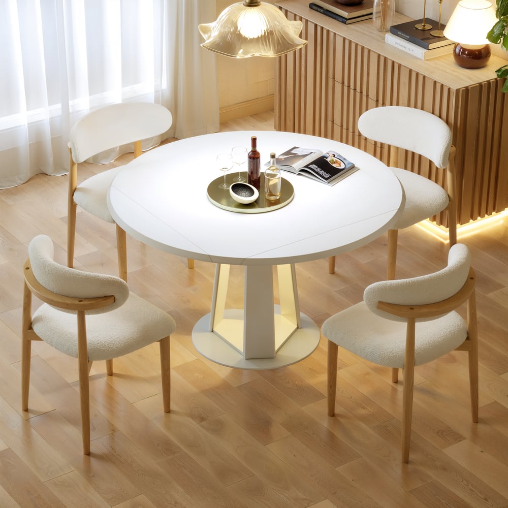 36"-47" Solid Matte Warm White Wood Extendable Dining Table with Light window image