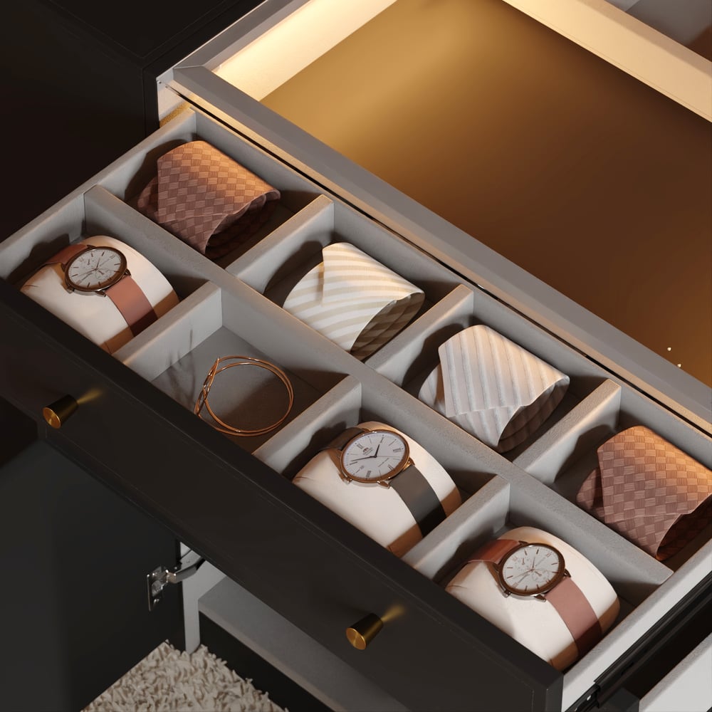 Selvo Saddle Leather Black Closet Island with Storage, Light and Jewelry Display window image