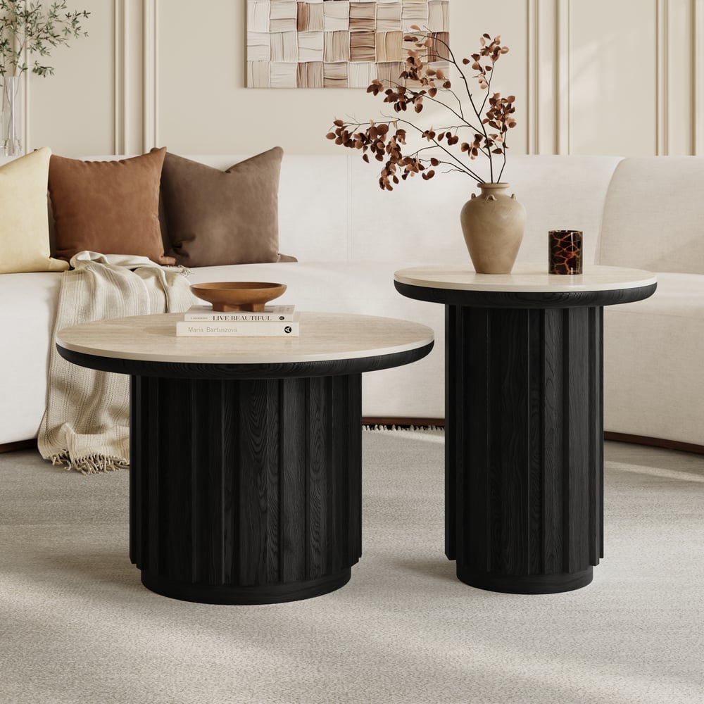 Aura 2 Piece Set Ash Wood Slatted  Round Coffee Table with Sintered Stone Top(20" - 28") window image