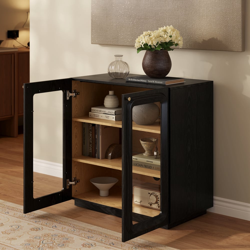 31" Ash Wood Veneer TV Stand with Glass Doors, Chest Cabinet and LED window image