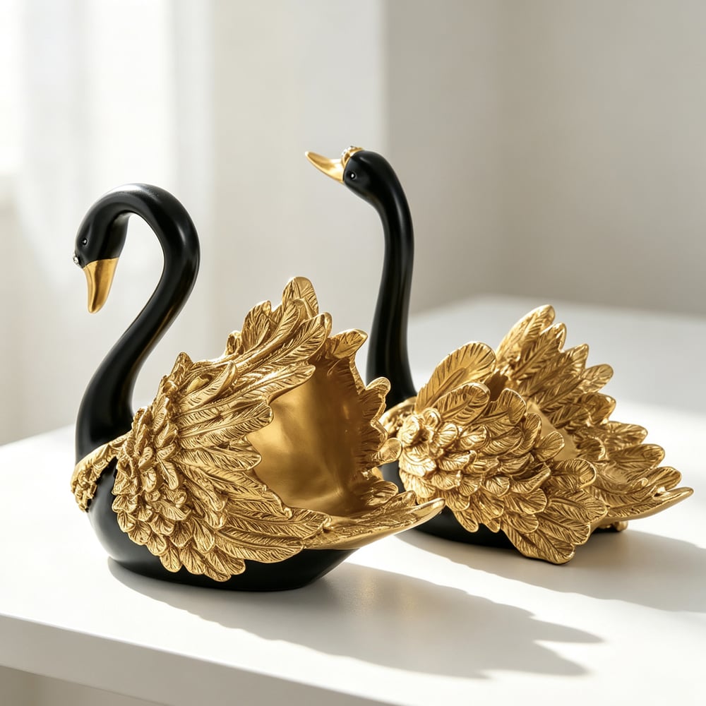 2-Piece Resin Swan Figurines, Black & Gold Decorative Storage Set window image