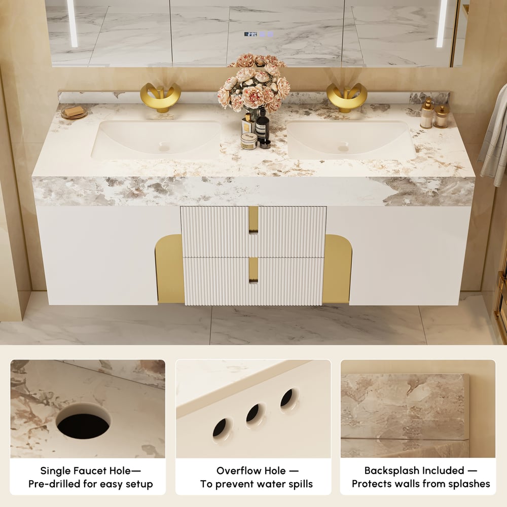 Artis 152 cm Meuble de salle de bain flottant double vasque avec plateau en pierre frittée image de fenêtre