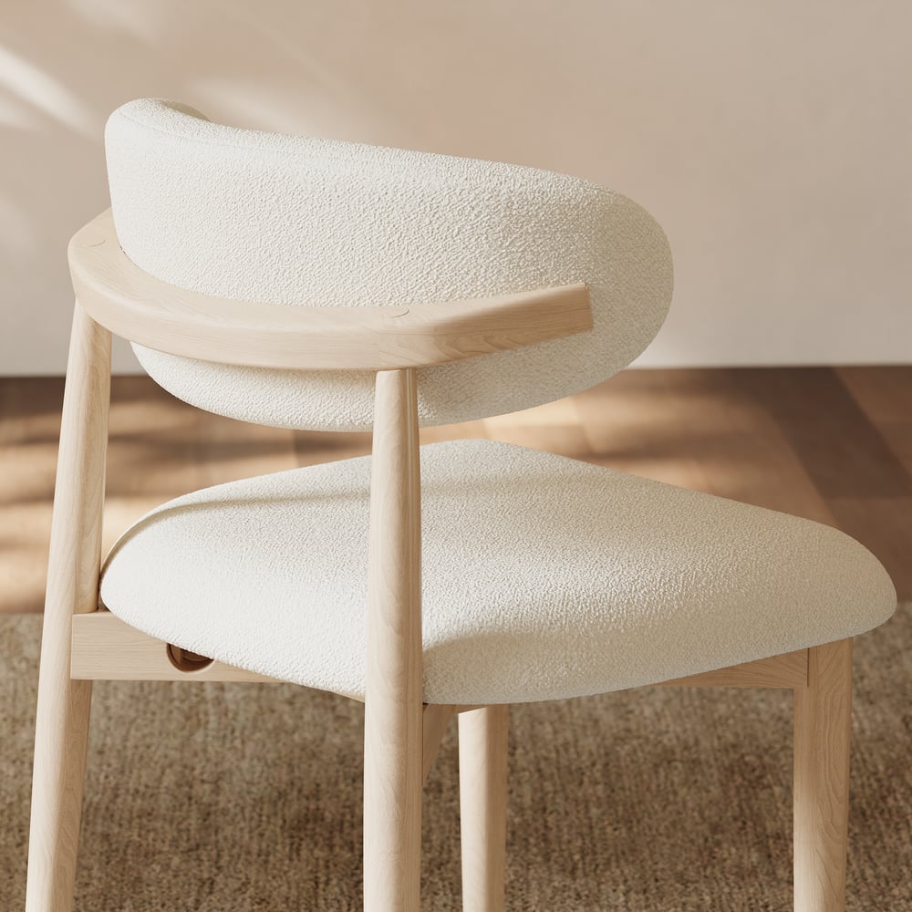 Cadeira de jantar moderna Boucle com pernas de madeira de borracha lavadas a branco, 1 peça Imagem da janela