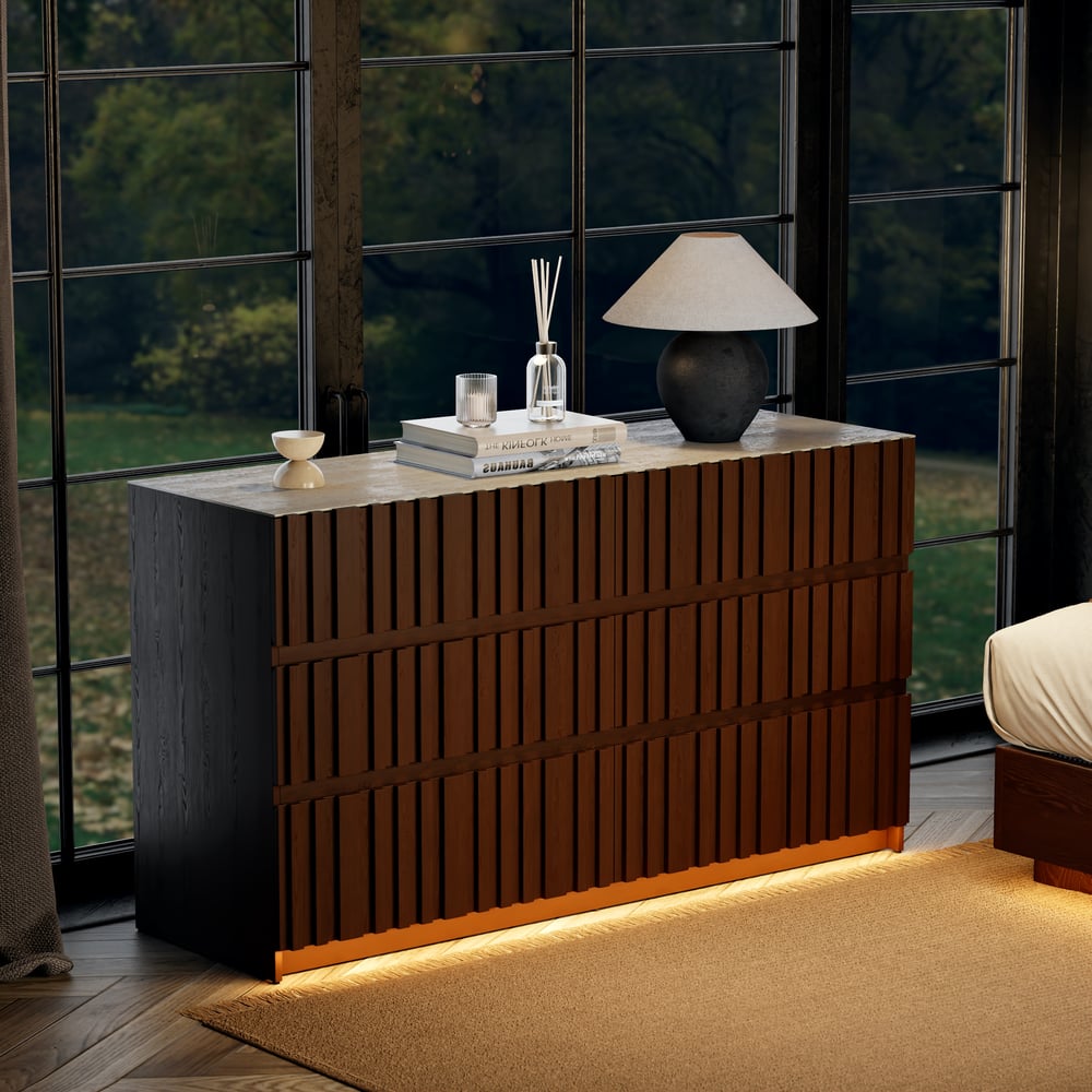 Commode éclairée à 6 tiroirs en noyer et pierre frittée de 59 pouces image de fenêtre