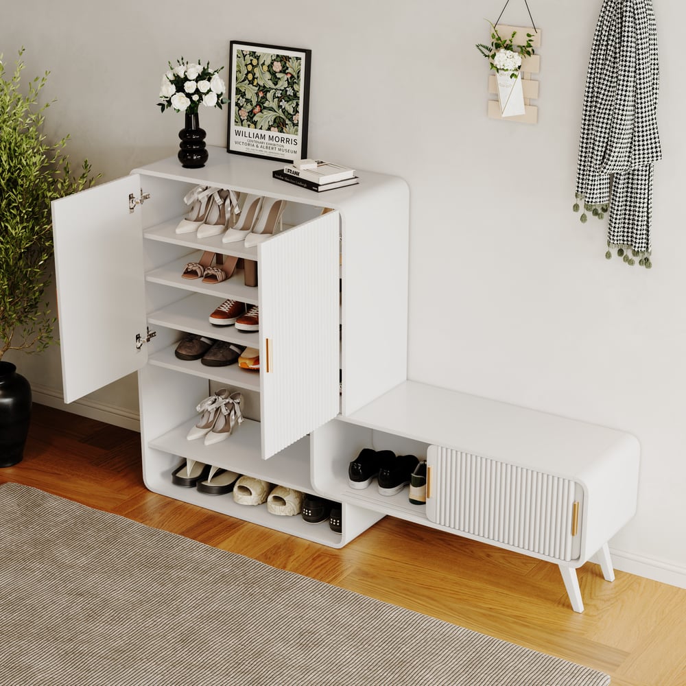 37" Warm White Shoe Storage Fluted Entryway Cabinet, Right Hand window image