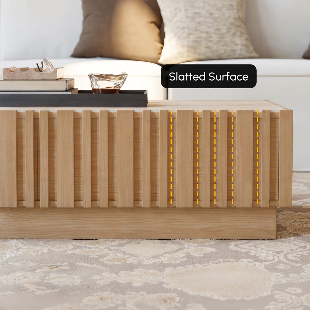 Table basse à lattes Aura 47" en bois de frêne avec plateau en pierre frittée image de fenêtre