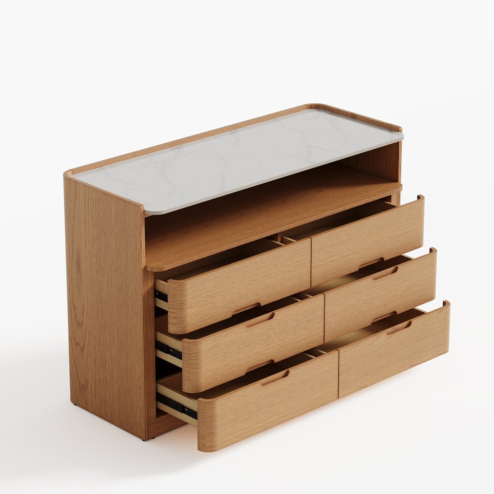 Commode moderne de 47 pouces à 6 tiroirs avec étagère et plateau en pierre frittée image de fenêtre