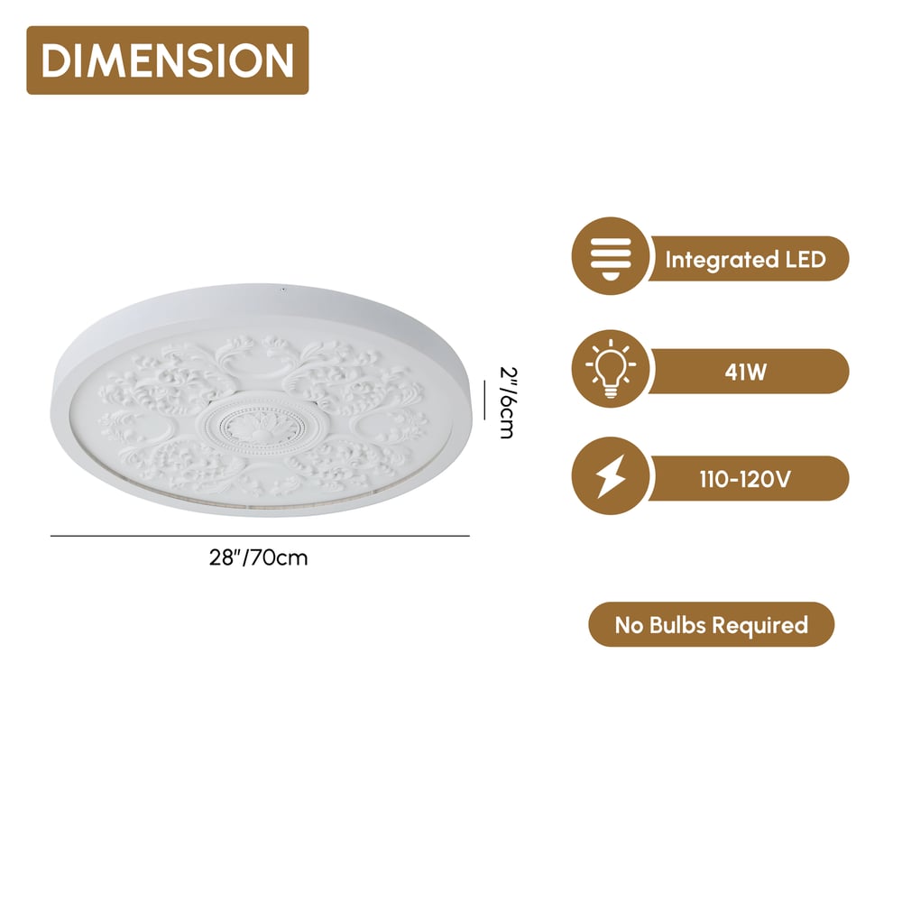French Elegant White Resin 3D Carved LED Dimmable Flush Mount Ceiling Light weights dimensions image