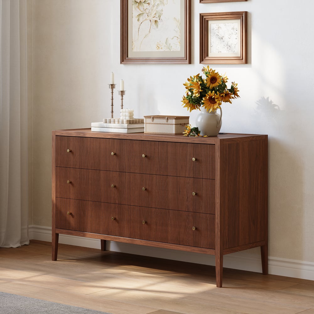 Stria 47" Fluted Natural 6-Drawer Dresser with Charging Station window image