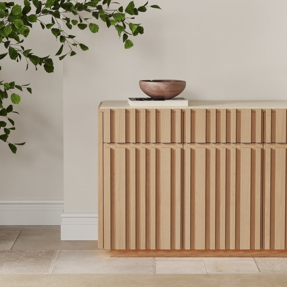 Aura 65" Ash Wood Slatted Natural TV Stand with Sintered Stone Top window image