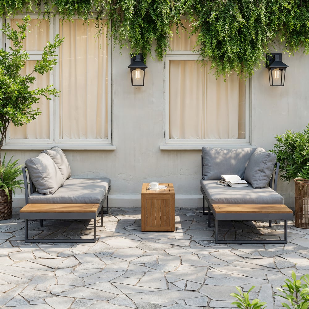 Ensemble de canapé modulaire d'extérieur Slatera en acacia et aluminium, gris foncé avec housse noire image de fenêtre