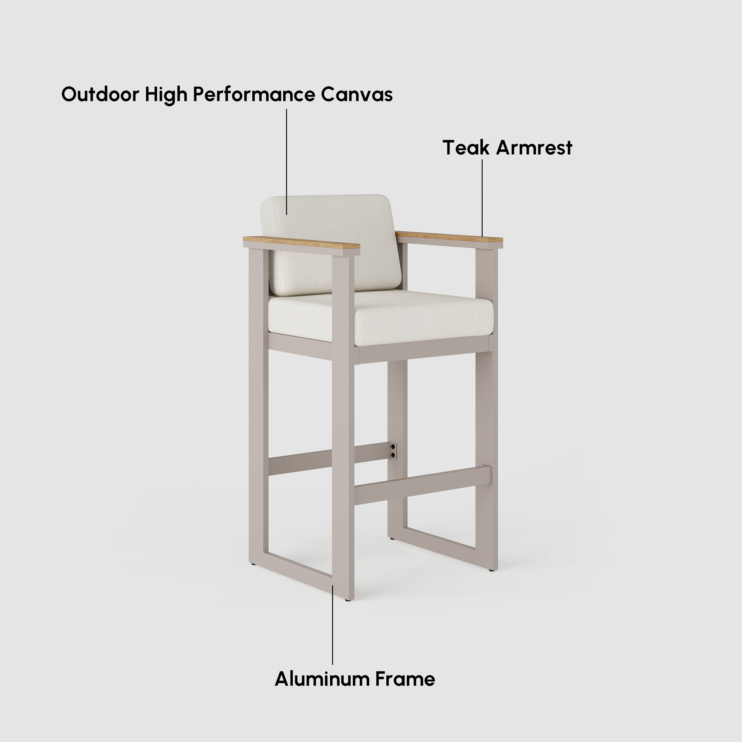 Tevara Outdoor Aluminum Frame & Teak Wood Armrest Bar Stools in Sand, Set of 2 window image