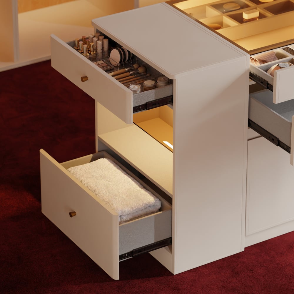 Selvo Saddle Leather Glass Top Closet Island with Storage, Light and Jewelry Display window image