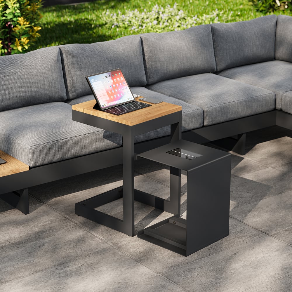 Tevara Outdoor Teak & Aluminum Solar Side Table (17") window image