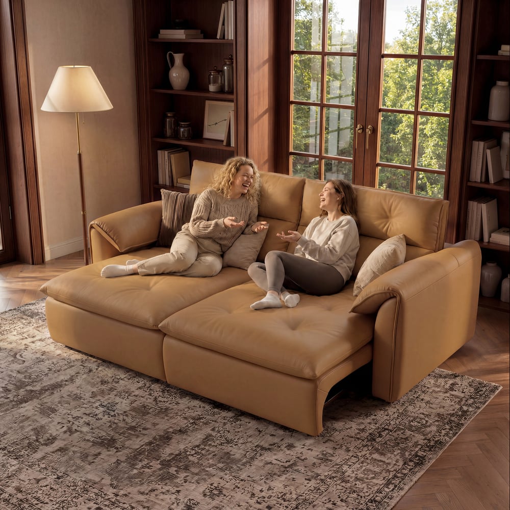 Canapé-lit convertible électrique 2 places en cuir véritable de 222 cm avec têtières réglables image de fenêtre