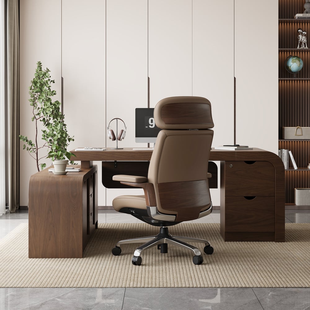 Khaki Genuine Leather Swivel Office Chair with Ergonomic Synchro-Tilt Recline System window image