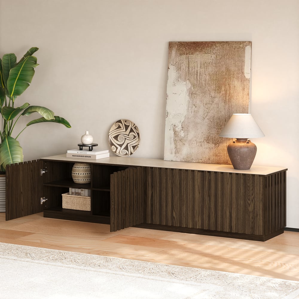 Aura 83" Ash Wood Fluted Smoked Brown TV Stand with Sintered Stone Top window image