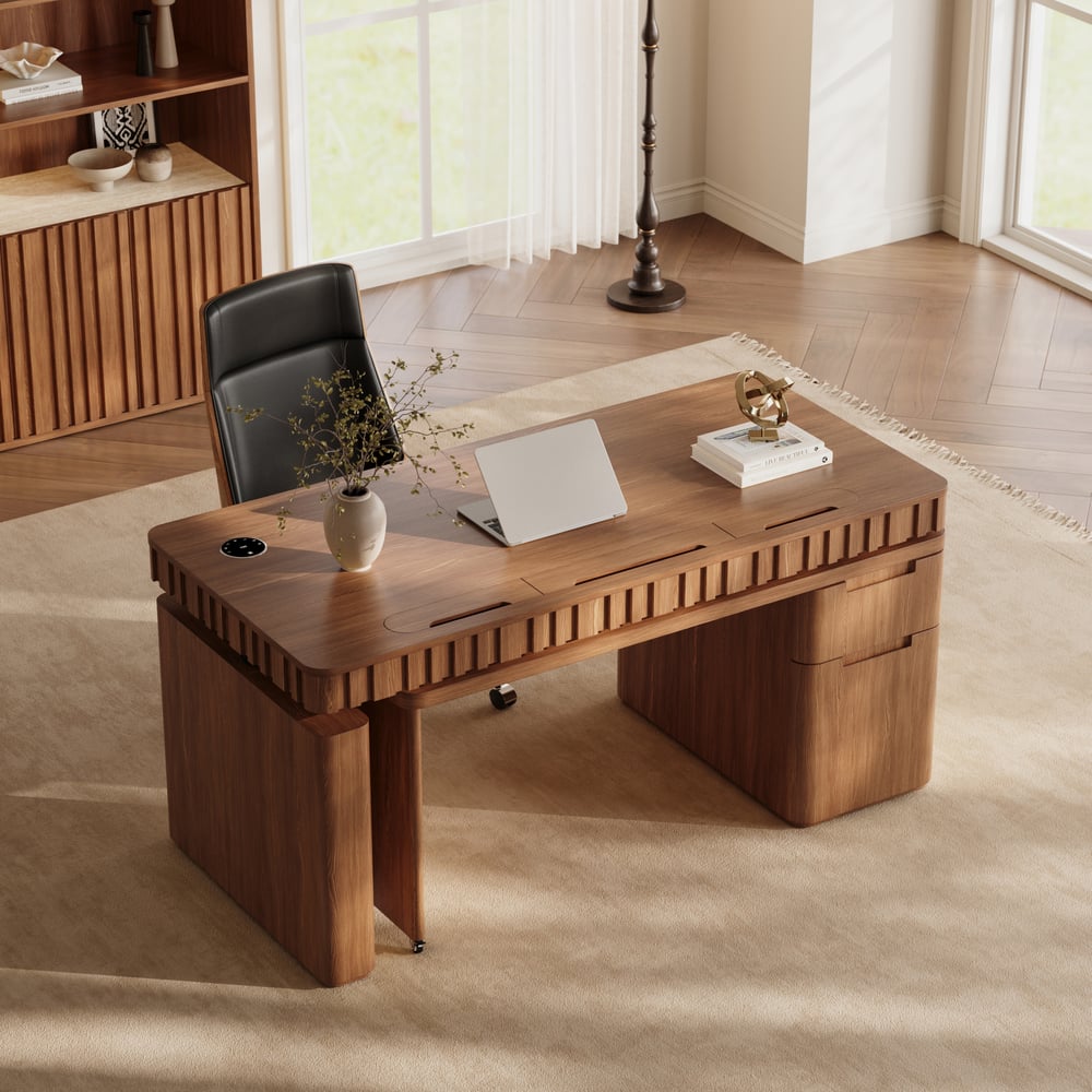 Aura 63" Walnut Flutted 360-Degree Rotating Desk Electric Adjustable Standing Desk window image