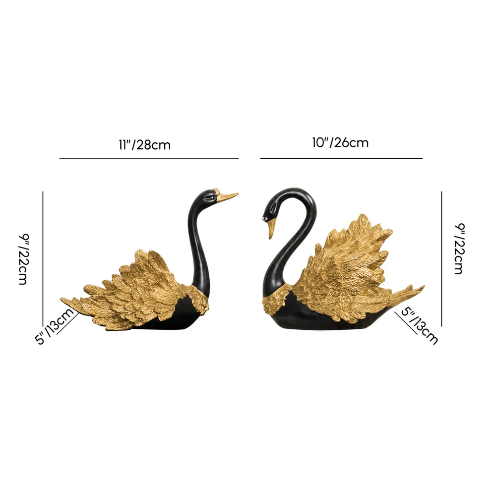 2-Piece Resin Swan Figurines, Black & Gold Decorative Storage Set weights dimensions image