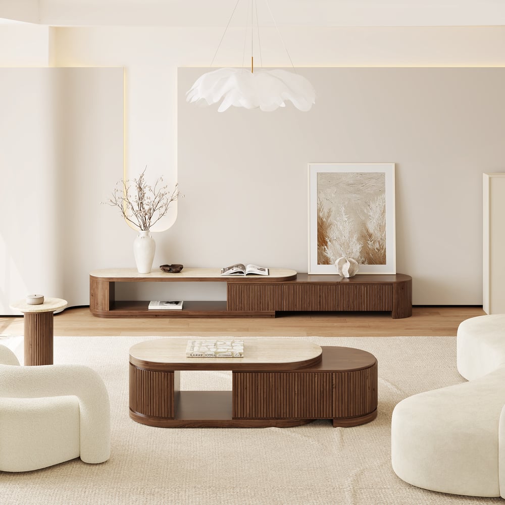 Rack de TV Extensível Velar 71"-114" com Tampo de Pedra Sinterizada e 3 Gavetas Imagem da janela