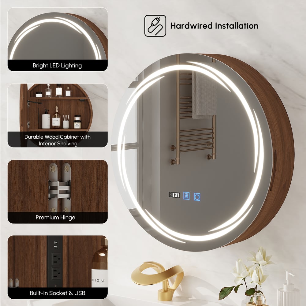 24" Round LED Walnut Medicine Cabinet with Storage, Anti-Fog, Dimmable window image
