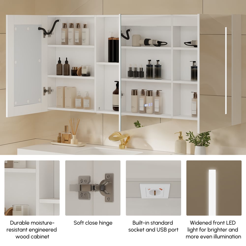 150cm LED Bathroom Medicine Cabinet with Anti-Fog, Dimmable Tri-Color Lighting window image