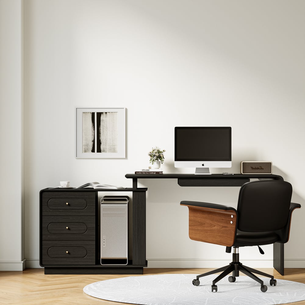 Modern 73" L-Shaped Black Rotating Desk with Keyboard Tray & Storage window image