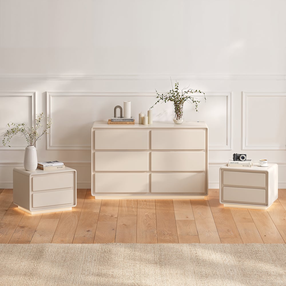 Cómoda Haloa Moderna de 47" con 6 cajones, color blanco cálido mate con luz y estación de carga Imagen de ventana
