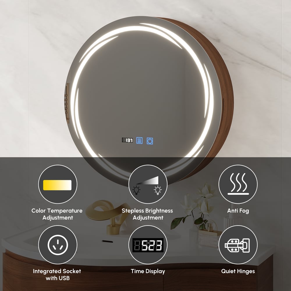 24" Round LED Walnut Medicine Cabinet with Storage, Anti-Fog, Dimmable window image