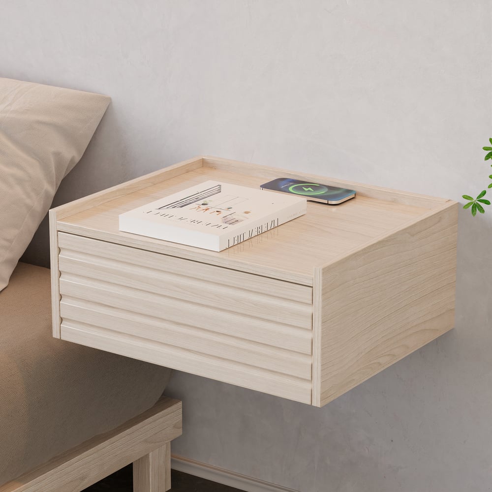 Zwevend houten nachtkastje met verlichting & oplaadstation Vensterafbeelding