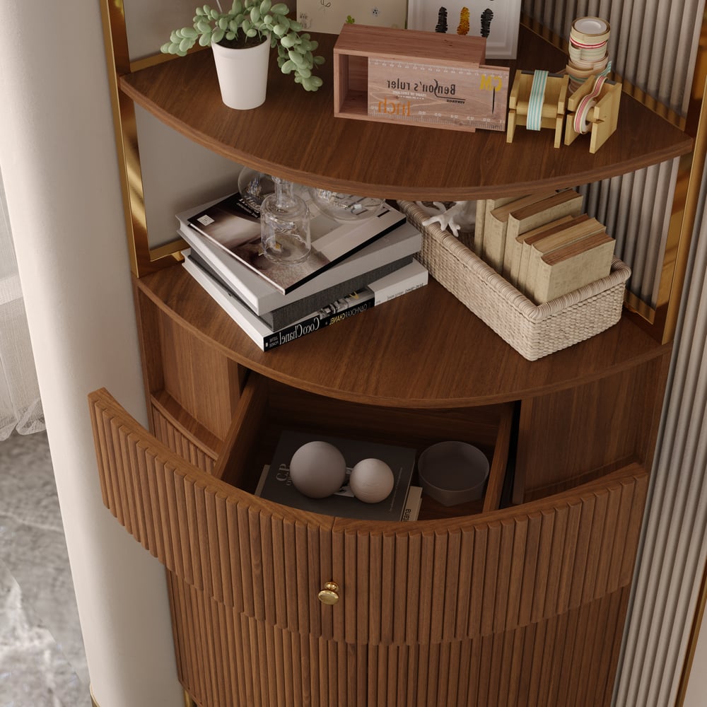 Modern 75" Walnut Etagere Corner Bookshelf with Drawer and 2-Door Cabinet window image