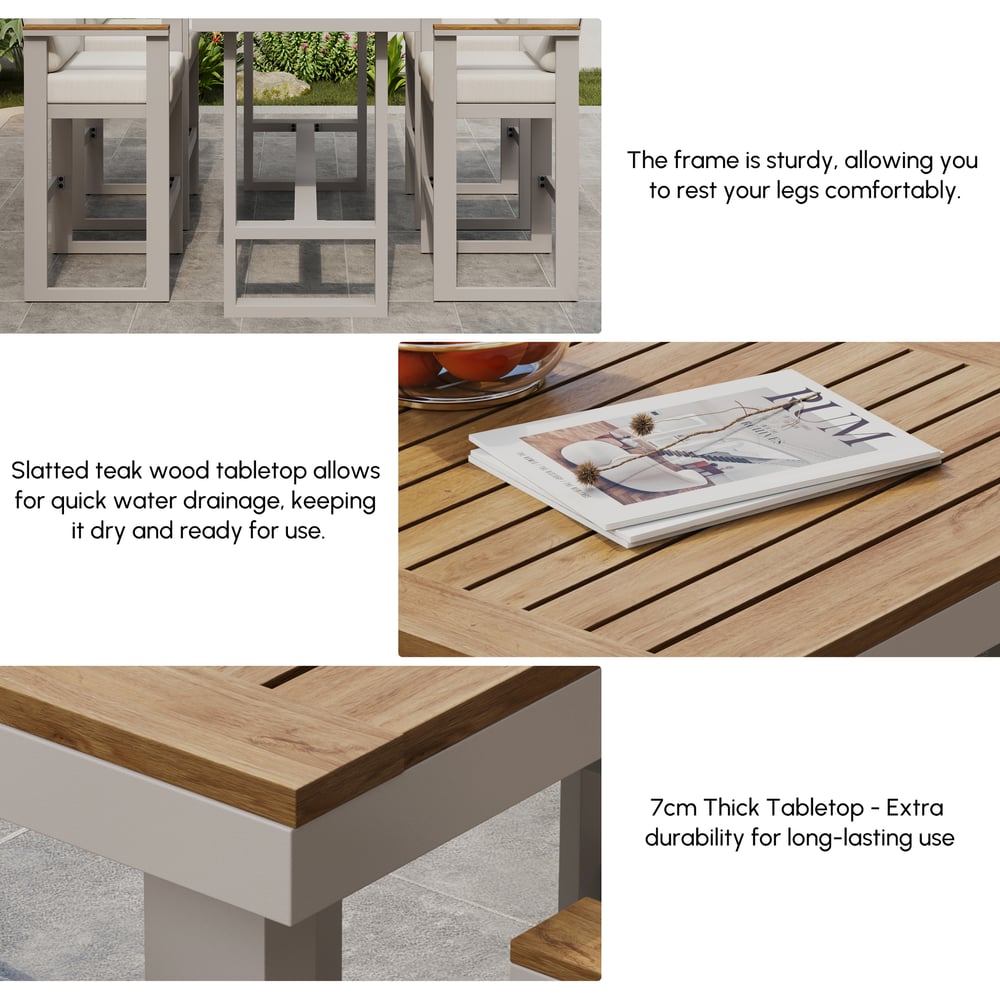 Tevara Teak Wood Modern Outdoor Bar Set Sand Frame & Warm White Cushion window image