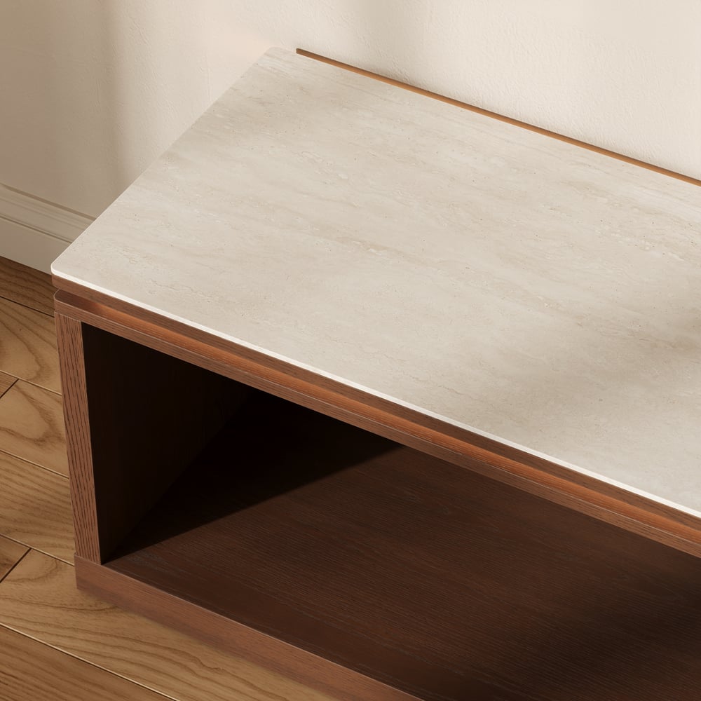71"-108" Extendable Walnut TV Stand with Sintered Stone Top & Cabinets window image