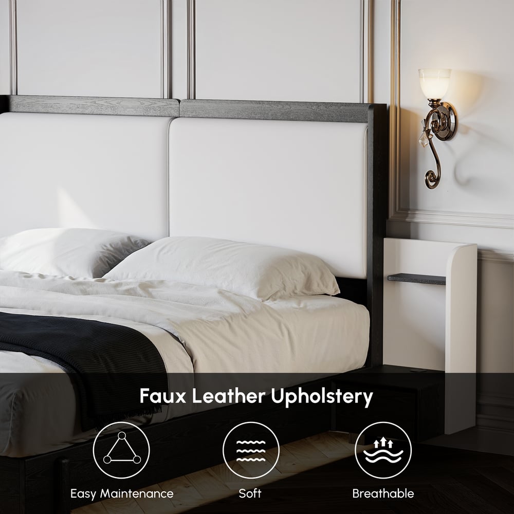 King Solid Wood Bed with Leather Extended Headboard & Floating Smart Nightstand Set window image