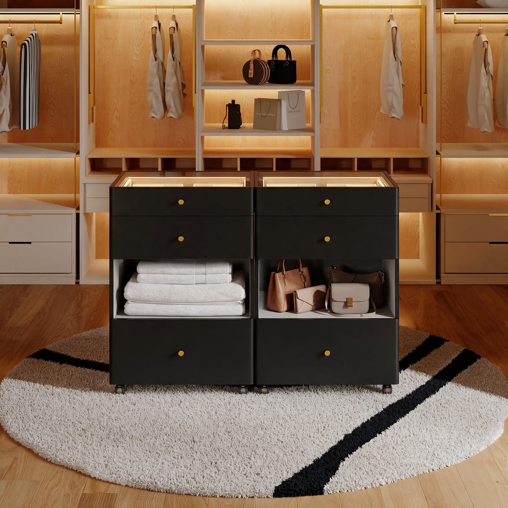 Selvo Walk-In Closet Island Jewelry Dresser with Glass Top & Light window image
