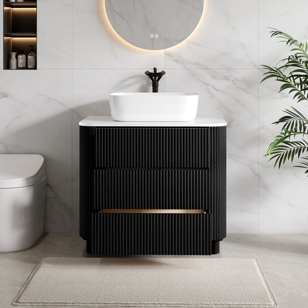 80cm Fluted Freestanding Bathroom Vanity with Vessel Sink, 3-Drawers, Sintered Stone top window image