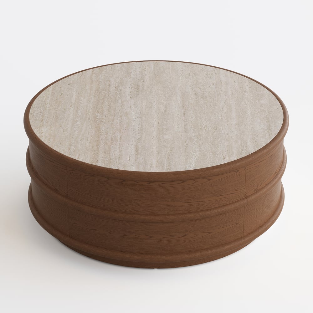 36" Ash Wood Round Coffee Table with Sintered Stone Top window image