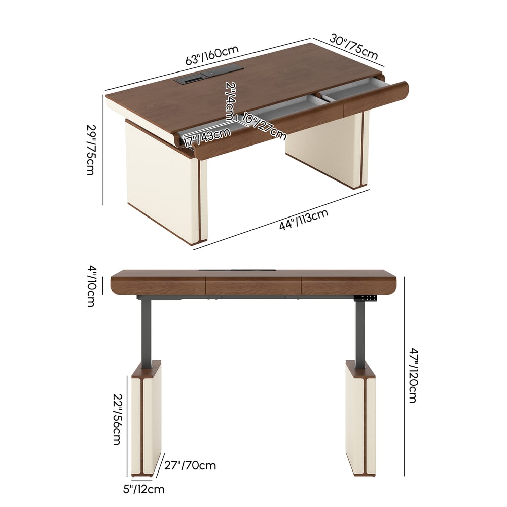 160 cm Height Adjustable Electric Standing Desk with Walnut Top and Leather-Wrapped Legs weights dimensions image