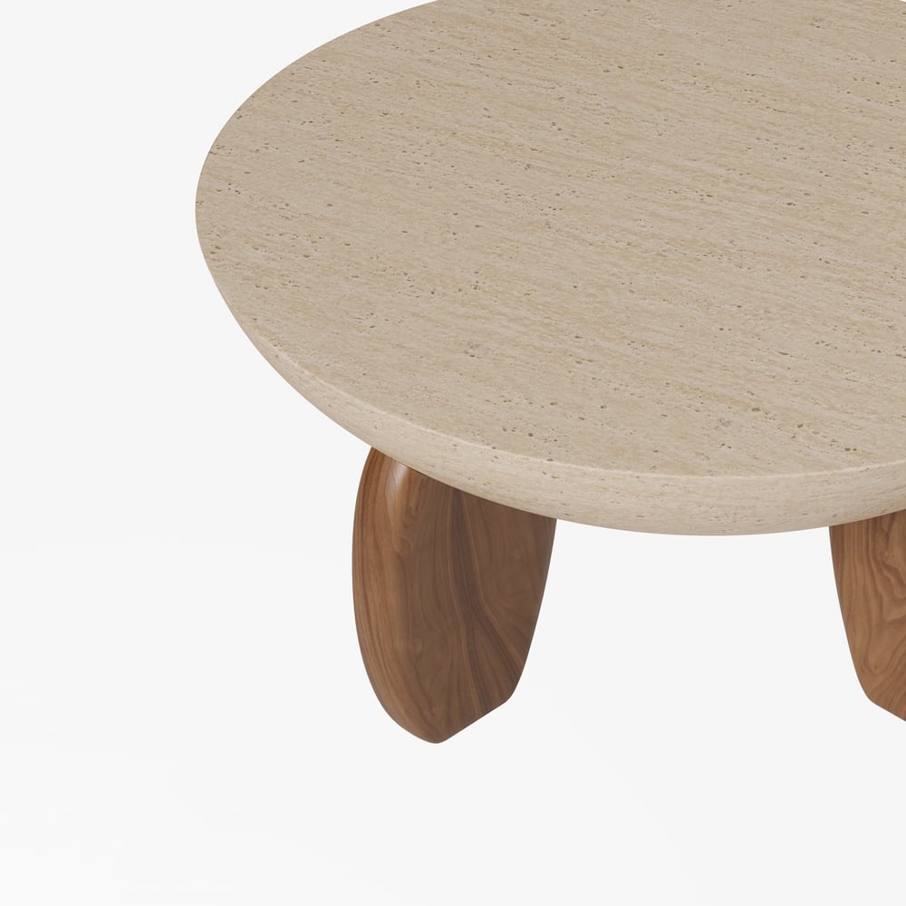 Table Basse Curva 76 cm Ronde en Béton Noyer avec Pieds en Bois image de fenêtre