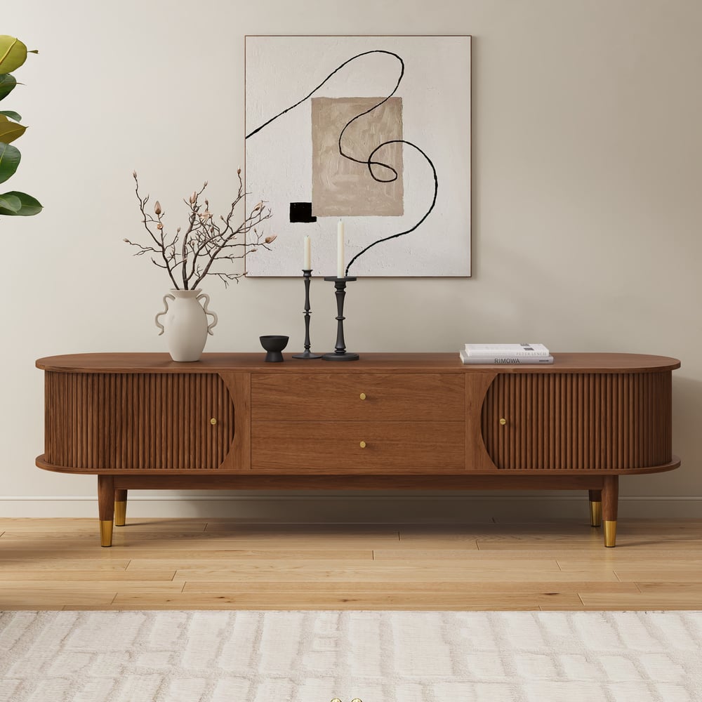 80" Ash Wood Fluted Walnut TV Stand with Storage window image