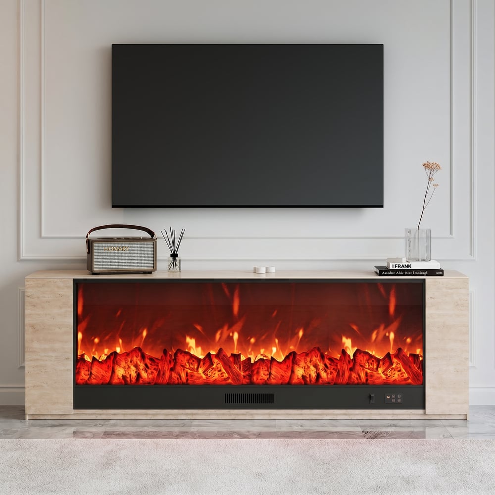 71" Sintered Stone Electric Fireplace TV Stand with Remote Control window image