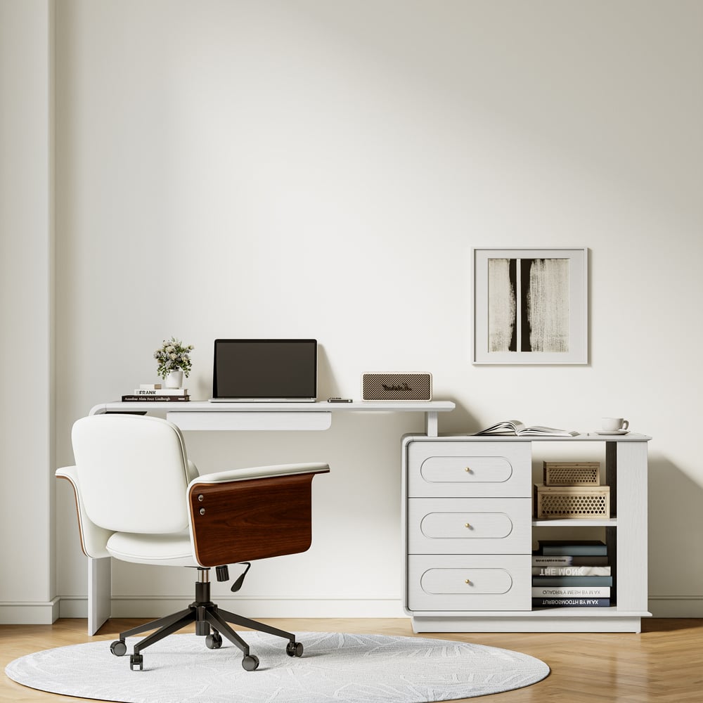 Modern 73" L-Shaped White Rotating Desk with Keyboard Tray & Storage window image