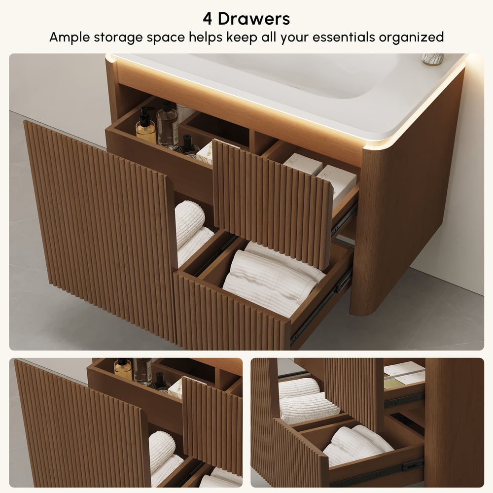 Meuble-lavabo de salle de bain flottant cannelé moderne de 81 cm avec lavabo, éclairage LED doux et grand espace de rangement image de fenêtre