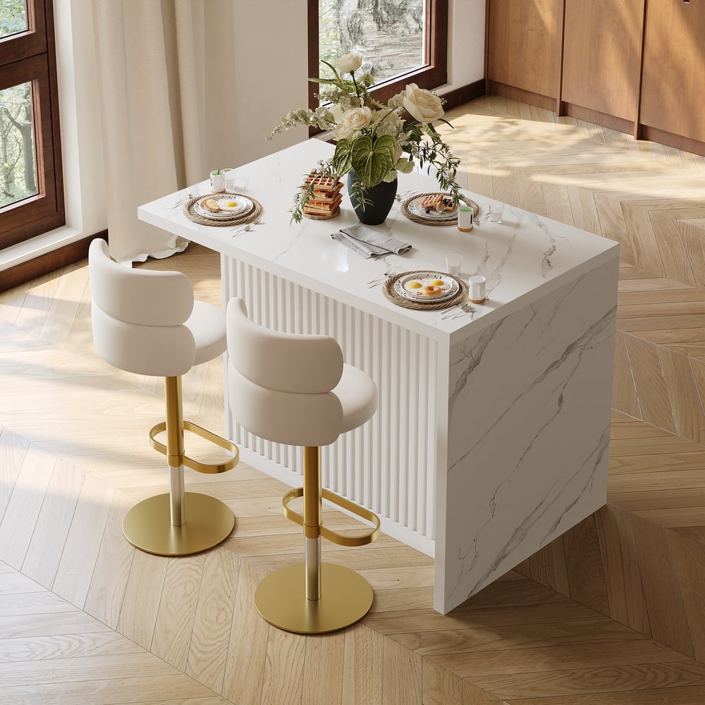 Îlot de cuisine moderne de 50 pouces en placage de marbre avec grand espace de rangement, blanc image de fenêtre