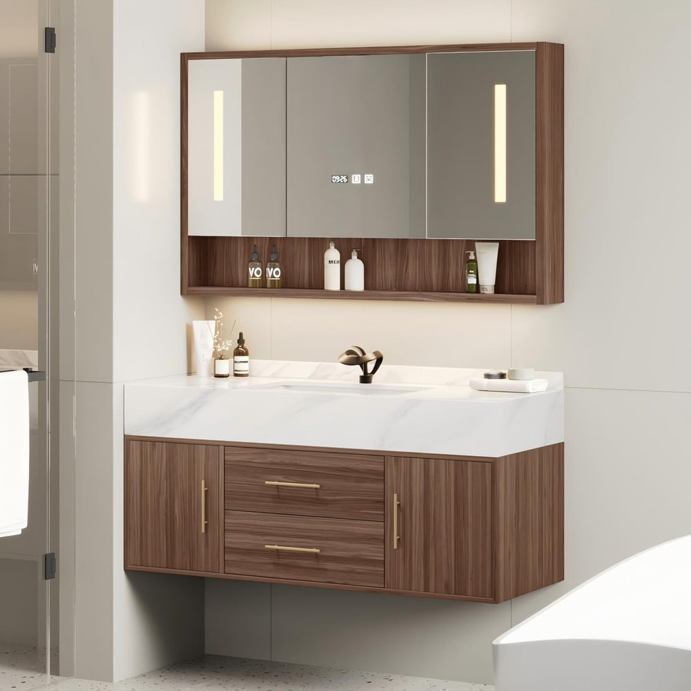 39.3" Walnut Bathroom Vanity & LED Medicine Cabinet Set window image