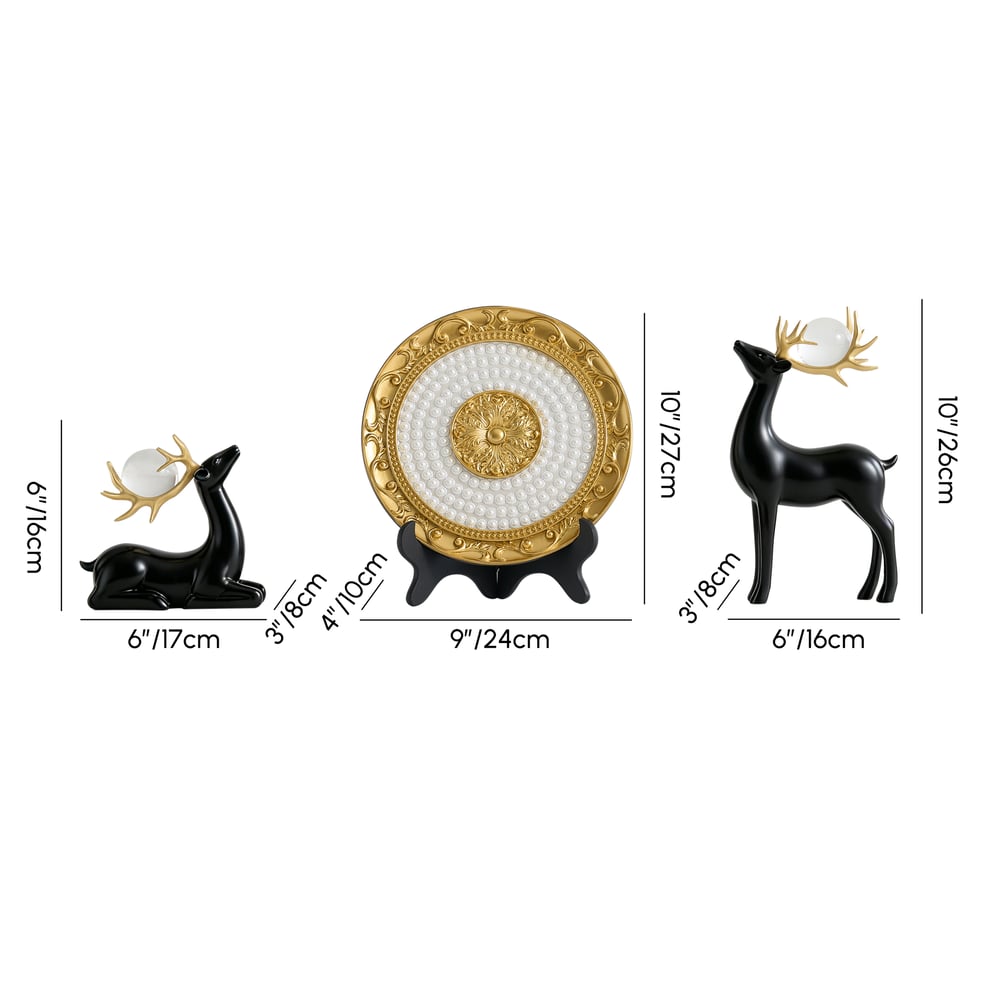 3PCS Black Deer Figurine with Decorative Plate Set Luxury Resin Animal Sculptures weights dimensions image