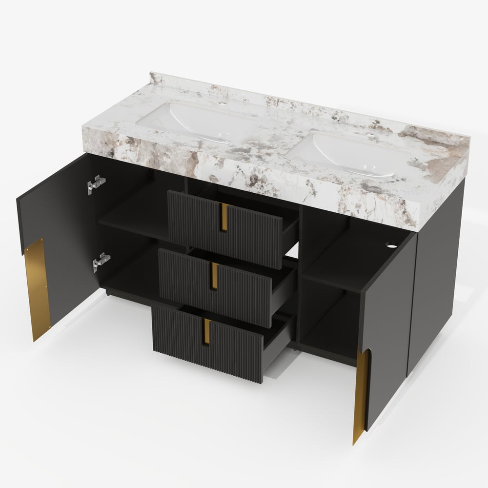 Mueble de baño Artis de 60" con doble lavabo y encimera de piedra sinterizada, 3 cajones Imagen de ventana