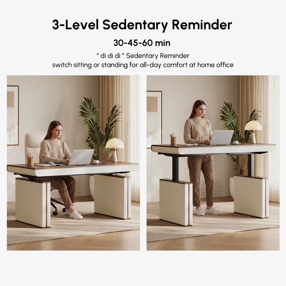 160 cm Height Adjustable Electric Standing Desk with Walnut Top and Leather-Wrapped Legs window image